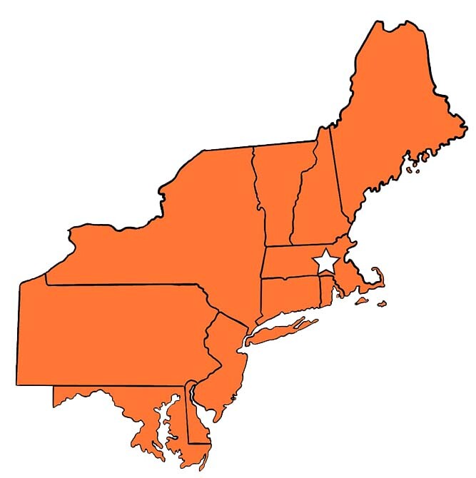 Map of New England and the Northeast in CATS orange with white star over Bellingham MA